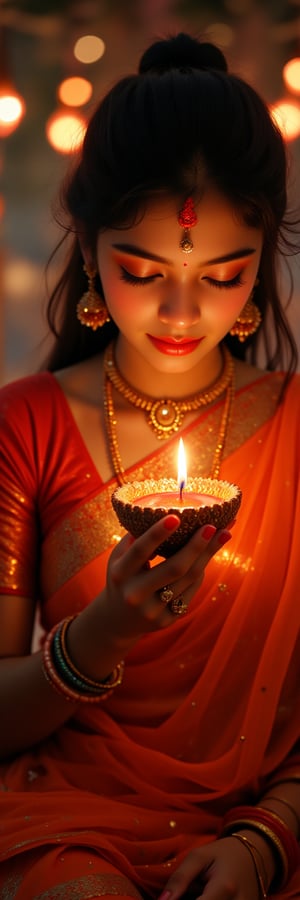 a close-up of an indian female wearing a saree in an diwali celebration, holding a diwali candle, sitting indian style, scenery, a photorealistic, 8K, ultra-detailed, best quality, super fine illustration, detailed light, realistic lighting