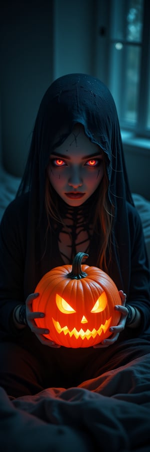 a close-up of a a deadly phantom female wearing a shroud sitting in the bed, faded face, shiny eyes, holding a halloween pumpkin, halloween_theme, horror_theme, night, scenery, a photorealistic, 8K, ultra-detailed, best quality, super fine illustration, detailed light, realistic lighting