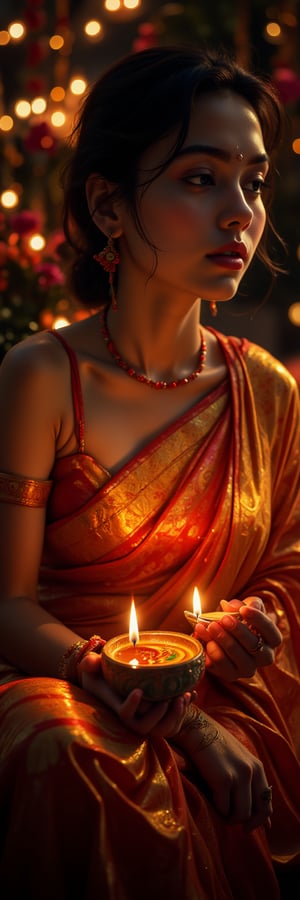 a close-up of an indian female wearing a saree in an diwali celebration, holding a diwali candle, sitting indian style, scenery, a photorealistic, 8K, ultra-detailed, best quality, super fine illustration, detailed light, realistic lighting