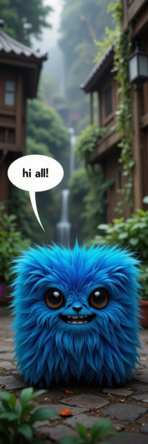 close-up of tenten a blue cube mascot with fur at the garden text bubble, text is "hi all", scenery, a photorealistic, 8K, ultra-detailed, best quality, super fine illustration, detailed light, realistic lighting