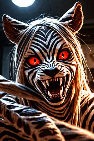 realistic style photo, highly detailed illustration, aesthetic, from eyes view, close up, (a monster girl, zebra girl), fearsome, deadly, scary, red sclera, fangs, furry skin, claws, indoors, scenery, (depth of field, cinematic angle, cinematic lighting, backlighting, ray light, volumetric light)