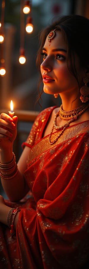 a close-up of an indian female wearing a saree in an diwali celebration, holding a diwali candle, sitting indian style, scenery, a photorealistic, 8K, ultra-detailed, best quality, super fine illustration, detailed light, realistic lighting