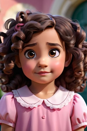 (best quality, 4k, highres, masterpiece:1.2), 5 year old girl with curly dark hair , round dark brown face, big expressive clear and balanced eyes, wearing pink school dress, standing outside school confused and emotional, with her mom melda , smilar in appearance with curly dark long hair, with oval dark brown face , wearing formal dress, vibrant colors, bokeh lighting, portraits, 3D, cartoon , 