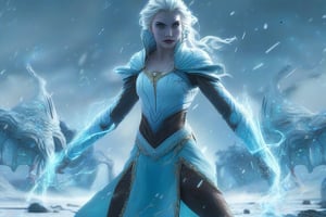 Frozen in time, Disney's Elsa stands tall amidst a ravaged battlefield, her icy powers unleashed in a Mortal Kombat-style fatality, digital painting