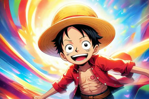 Luffy: A super-cute, super-deformed Luffy, his rubber powers used for comedic effect, as he bounces around a colorful, fantastical world.