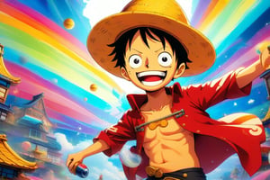 Luffy: A super-cute, super-deformed Luffy, his rubber powers used for comedic effect, as he bounces around a colorful, fantastical world.