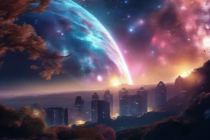 Home on the moon, planet, nebula, colorful light trees, , masterpiece, photorealistic, best quality, intricate, 8k, HDR, cinematic lighting, sharp focus,galaxy,fantacy ultra hd,city bg. (UltraHD) .sharp. Cinematic, cinematic light, cinematic photography, realistic experience. Highly detailed, ultra sharp. ,galaxy bg. ,glitter,LegendDarkFantasy