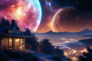 Home on the moon, planet, nebula, colorful light trees, , masterpiece, photorealistic, best quality, intricate, 8k, HDR, cinematic lighting, sharp focus,galaxy,fantacy ultra hd,city bg. (UltraHD) .sharp. Cinematic, cinematic light, cinematic photography, realistic experience. Highly detailed, ultra sharp. ,galaxy bg. ,glitter,LegendDarkFantasy