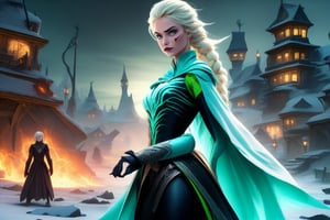 Frozen in time, Disney's Elsa, green eyes, stands tall amidst a ravaged battlefield, her icy powers unleashed in a Mortal Kombat-style fatality. digital painting