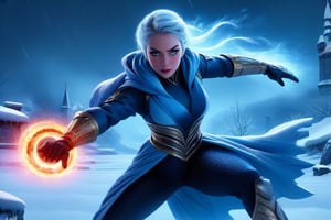 Icy grip of winter, Disney's Elsa unleashes her cryokinetic powers in a Mortal Kombat-style finishing move, amidst a snowy battlefield. digital painting