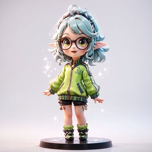 score_9_up, score_8_up, score_7_up, 1girl, solo, chibi, full body, an adorable little elf girl with shoulder-length hair and glasses, dressed in a brightly patterned track suit, whimsical track suit, eyes sparkle with curiosity and mischief, plain background, the camera angle is slightly low to emphasize the little girl's cuteness, using natural lighting to create a warm, joyful ambiance.