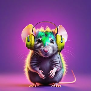 (best quality, 4k, 8k, highres, masterpiece:1.2), ultra-detailed illustration of an anthropomorphic rat with fluffy pink fur, wearing green headphones and round, yellow-lensed sunglasses. The background is a vibrant purple and yellow gradient, adding vibrancy to the image. The style is modern and minimalistic, with clean lines and a stylish look, capturing the essence of contemporary design. The composition is balanced, with the rat standing out prominently against the dynamic gradient backdrop.