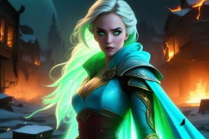 Frozen in time, Disney's Elsa, green eyes, stands tall amidst a ravaged battlefield, her icy powers unleashed in a Mortal Kombat-style fatality. digital painting