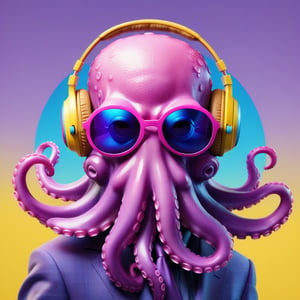 A vibrant illustration of an anthropomorphic octopus with fluffy pink fur, wearing purple headphones and round blue-lensed sunglasses. The background is a bright yellow, adding vibrancy. The octopus stands confidently, framed in a mid-shot with balanced composition. The style is modern and minimalistic, with clean lines and a stylish, uncluttered look.