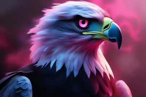 A mystical, ancient eagle with mysterious, futuristic powers and pink eyes