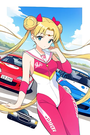 score_9,score_8_up,score_7_up,race queen, body suite, car, motor vehicle, honda s2000, sailor moon, blonde hair, blue eyes, double bun, hair bun,  long hair, twintails, circlet, parted bangs