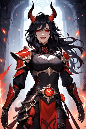 1girls,  anime_style,  score_9,score_8_up,score_7_up,source_anime, in style of sakimiichan and genshin impact,  tiefling, horns, paladin, 
wearing carapax armor,
 black hair, red eyes, devil smile,  dynamic pose, dungeon
