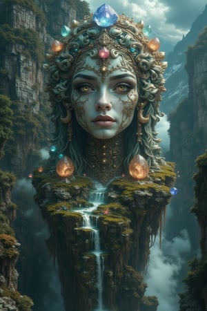 masterpiece, 8k, HDR, 3D, best quality, photography, analog style, real life, extremely beautiful, (highly detailed, intricately detailed), (very detailed skin), (alluring eyes), A digital image of floating islands, each held up by the outstretched arms of ancient moss-covered stone giants, above the islands we see ancient crystals inside we see the face of a female queen of antiquity
