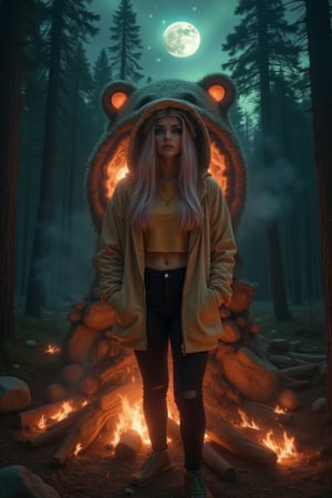 masterpiece, 8k, HDR, 3D, best quality, photography, analog style, real life, extremely beautiful, (highly detailed, intricately detailed), (highly detailed skin), (alluring eyes), image of a gothic female, standing in front of a campfire, the fire is shaped like a bear's face, (1female), small waist, (long straight pastel cream pink hair), green eyes, makeup, wearing a large zip-up hoodie and a gold t-shirt, black jeans, gold sneakers, hands in the pockets of the hoodie, at night, bright stars, detailed, nebula, in the forest, northern lights, aurora, night, big moon