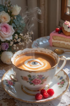 masterpiece, 8k, HDR, 3D, best quality, photography, analog style, real life, extremely beautiful, (highly detailed, intricately detailed), (highly detailed skin), (alluring eyes), a blur image, sfumato, provence style, hot morning coffee in a beautiful porcelain cup, steam in the shape of a female eye, eclair cake on a beautiful plate, berries, happiness, many details, beauty, aesthetics, masterpiece, delicate pastel colors, peach color, lilac, pink, blue, yellow, green, red, ultra, hyper detailed