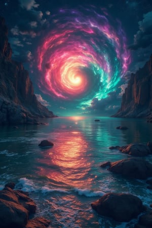 masterpiece, 8k, HDR, 3 D, best quality, photography, analog style, real life, extremely beautiful, (highly detailed, intricately detailed), an image of the sea in which different colors are reflected, like a rainbow of pink, red, yellow, green, swirling and mixing together to form other colors, they could be irises of colors within it, dark sky, immense without limits, only colors, night