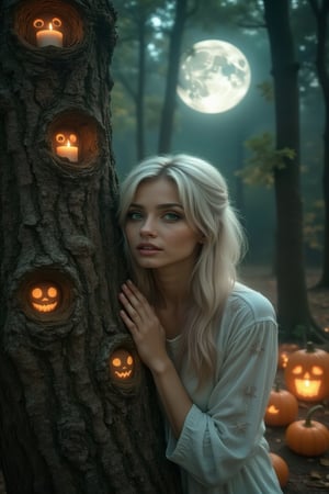 masterpiece, 8k, HDR, best quality, photograph, analog style, real life, extremely beautiful, (highly detailed, intricately detailed), (highly detailed skin), (alluring eyes), A digital rendering of a woman with white hair and golden highlights, leaning on a tree, with her hands, adorable and ghostly with large, expressive eyes that convey wonder and curiosity. The turquoise eyes should be soft and illuminated, with tones that blend perfectly with the dark environment, in a forest with bright pumpkins, candles and the tree with large eyes, a full moon