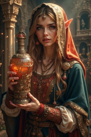 masterpiece, 8k, HDR, 3D, best quality, photography, analog style, real life, extremely beautiful, (highly detailed, intricately detailed), (highly detailed skin), (alluring eyes),an image of a (1 female dwarf) in medieval costume holding an elaborate medieval silver and glass wine bottle, with very small medieval ornaments, in many different vibrant colors, the medieval glass wine bottle is placed on a pedestal in the middle of a medieval garden, intricate details, ultra sharp, exquisite detail, flawless composition, vivid colors, masterpiece, exciting background, sunrise sun