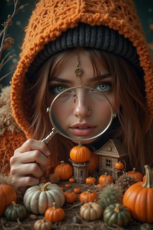 masterpiece, 8k, HDR, 3D, best quality, photograph, analog style, real life, extremely beautiful, (highly detailed, intricately detailed), (highly detailed skin), (alluring eyes), An image of a female looking through a magnifying glass at a small miniature primitive world, with creatures collecting pumpkins