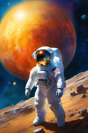 (masterpiece:1.4), best quality, watercolor, ink, oil and pencil, oil painting, (1man), spike blonde hair, smiling, in space suit, (without helmet), perched on alien terrain bathed in the glow of a distant sun, low-gravity environment suggests gently billowing space suit and delicate movements of paws, exploring rocky ground with intriguing, bioluminescent flora around, space helm reflecting the curious planetary scenery, chiaroscuro, ultra high definition digital painting