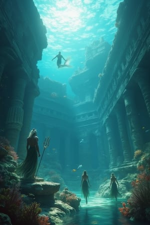 Masterpiece, 8k, HDR, best quality, photography, analogue style, real life, extremely beautiful, (highly detailed, intricately detailed), ray tracing, (dramatic lighting), underwater scene, ancient city of atlantis, (4characters), (1triton), trident, standing, looking at the viewer, (1poseidon) and (1amphitrite) floating, (mermaids) swimming, (portrait), coral structures, stone buildings, colorful fish, atlantis, sea creatures in underwater gardens, soft glow, filtered surface light, atlantis, concentric islands, otherworldly metropolis, pillars, mermaids, lusher vegetation than ancient buildings, leaf sheep, sea slug