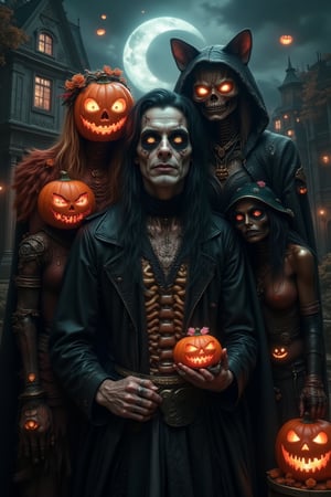 masterpiece, 8k, HDR, 3D, best quality, photography, analog style, real life, extremely beautiful, (highly detailed, intricately detailed), (very detailed skin), (alluring eyes), A Halloween image, 4 monsters including vampire, pumpkin head skeleton, witch, Frankenstein, black cat, pumpkin fangs, candy, Halloween, haunted house background, night