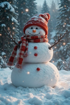 masterpiece, 8k, HDR, 3D, best quality, photography, analog style, real life, extremely beautiful, (highly detailed, intricately detailed), (very detailed skin), (alluring eyes), a full-length image of a snowman with a hat and scarf in the corner,