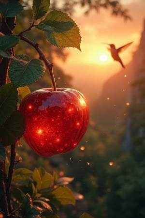 Masterpiece, 8k, HDR, best quality, photography, analog style, real life, extremely beautiful, (highly detailed, intricately detailed), ray tracing, (dramatic lighting), hyper detailed, ray traced, ultra sharp, a delicate big red apple, made of ruby ​​​​crystal hanging on a branch, green sparkles, illuminated from within, a hummingbird flying, in a beautiful sunset, in the background beautiful valleys, (dew drops), divine iridescent glow, opalescent textures, volumetric light, ethereal, shiny, bioluminescence