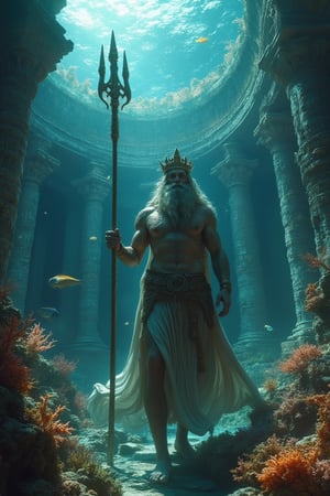 Masterpiece, 8k, HDR, best quality, photography, analogue style, real life, extremely beautiful, (highly detailed, intricately detailed), ray tracing, (dramatic lighting), a male god wearing a crown and holding a poseidon pole in his hand, beard, 1boy, male focus, solo, trident, facial hair, polearm, long hair, weapon, muscular, old, the Greek god of water and the thunder, beard, male focus, solo, trident, facial hair, polearm, long hair, weapon, muscular, old, holding, coral structures, stone buildings, colorful fish, atlantis, sea creatures in underwater gardens, soft glow, filtered surface light, atlantis, concentric islands, otherworldly metropolis, pillars, mermaids, lusher vegetation than ancient buildings, leaf sheep, sea slug, photorealistic