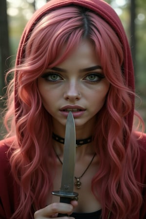 masterpiece, 8k, HDR, best quality, photograph, analog style, real life, extremely beautiful, (highly detailed, intricately detailed), (highly detailed skin), (alluring eyes), vampires fangs, a painting of a (1girl), small waist, (long curly pastle cream pink hair), blue eyes, (vampires fangs), with a knife in her hand, a character portrait, official screenshot, hybrid woman, close-up profile picture, portrait of a gnome, vampires fangs, featured art,  robin hood clothes, red color, forest at sunset