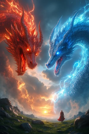 Masterpiece, 8k, hdr, best quality, photography, analog style, real life, extremely beautiful, (highly detailed, intricately detailed), ray tracing, (dramatic lighting), (2 dragons), (2 characters), (1 red) fiery, (fire-breathing) (1 blue), ice, (ice-breathing) high fantasy action scene, set on a green plain, the design is dynamic, with a menacing (1 red dragon), fiery eyes, breathing fire, facing (1 blue dragon), icy eyes, breathing ice crystals, the dragons' wings spread out, their mouths are open, revealing sharp, shining teeth, shadows stretch and warp around them as electric currents run through their body, as if they were alive, threatening to drag them into death, a sense of urgency and danger in the scene, sun sunset