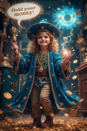 masterpiece, 8k, HDR, 3D, best quality, photograph, analog style, real life, extremely beautiful, (highly detailed, intricately detailed), (highly detailed skin), (alluring eyes), cute magician girl, cute girl, small but equally proportioned, is trying to do magic with her magic staff, smiling, dancing with gold coins, blue magician robe with stars, shiny effects, glitter flying everywhere, above the magician girl, a large speech bubble reads: "Hold your money!"