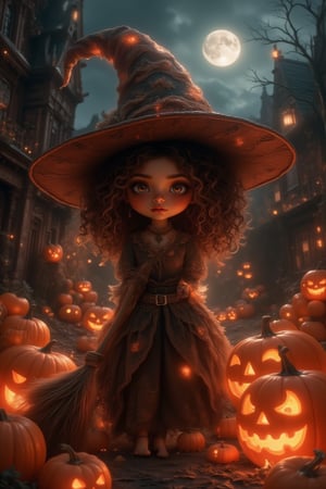 masterpiece, 8k, HDR, 3D, best quality, photography, analog style, real life, extremely beautiful, (highly detailed, intricately detailed), (highly detailed skin), (alluring eyes),A cartoon witch with a broom in the background surrounded by pumpkins, hat, Jack-O-Lantern, witch hat, curly hair, alone, broom, pumpkin, witch, Halloween