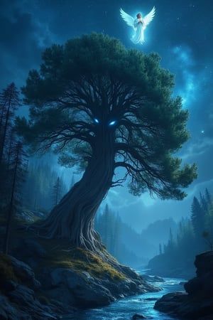 Masterpiece, 8k, hdr, best quality, photography, analog style, real life, extremely beautiful, (very detailed, intricately detailed), ray tracing, (dramatic lighting), a clear night, an angel floating above 1 giant pine tree, on its trunk it has big blue eyes, it held its branches in a prayer position, alone, next to a river, it prayed to the sky, the stars responded, rays of silver light fell on the tree, caring for its branches, in the distance a pine forest watched it