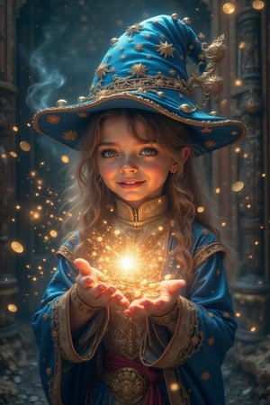 masterpiece, 8k, HDR, 3D, best quality, photograph, analog style, real life, extremely beautiful, (highly detailed, intricately detailed), (highly detailed skin), (alluring eyes), Cute magician girl, cute girl, small but equally proportioned, is trying to do magic with her magic staff, smiling, dancing with gold coins, blue magician robe with stars, sparkling effects, glitter flying everywhere, a speech bubble is seen above cute magician girl and the words "when my spell touches you you will float"