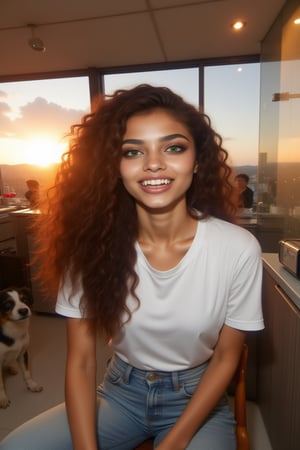 masterpiece, 8k, HDR, best quality, photography, analog style, real life, extremely beautiful, (highly detailed, intricately detailed), (highly detailed skin), (alluring eyes), (1 girl), long curly brown hair, green eyes, mascara, open mouth showing teeth, glossy lips, standing in a kitchen with a dog standing next to a chair, white t-shirt, pants, interior, kitchen, jeans, with a dog looking at her from under the cabinet, an oven, panoramic window, sunrise, sun