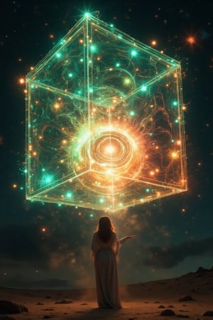 masterpiece, 8k, HDR, 3D, best quality, photograph, analog style, real life, extremely beautiful, (highly detailed, intricately detailed), (highly detailed skin), (alluring eyes), an image of a huge transparent floating cube that appears stable and in perpetual motion, suspended in the air by what appears to be a geometric network of lines and shapes. These lines transform into colorful, swirling patterns. A female holds it, sending energy from her room into the cube. This energy is colorful: green, yellow, red, sky, dark night.