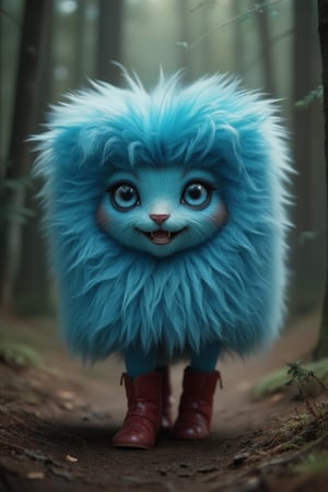 masterpiece, 8k, HDR, 3D, best quality, photography, analog style, real life, extremely beautiful, (highly detailed, intricately detailed), (highly detailed skin), (alluring eyes), a tenten, big blue eyes, nose, open mouth, teeth showing, smiling, with arms and legs in red boots, fluffy, light blue, walking through the forest