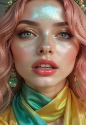 masterpiece, 8k, HDR, 3D, best quality, photography, analog style, real life, extremely beautiful, (highly detailed, intricately detailed), (highly detailed skin), (alluring eyes), Close-up of (1female), small waist, (pastel cream pink long wavy hair), green eyes, mascara, red lips, half-open mouth, glossy lips, crafted from shiny and reflective materials. The nose takes center stage, adorned with a bright blue hue. The lips, the center of attention, are a glossy red shiny texture that reflects the light. The outline of the face is visible, with mixed colors of yellow and red, creating an intriguing visual effect, the entire composition displays a metallic and reflective surface, a long green silk scarf flutters around her neck, looking super sensual and otherworldly, giving her an ethereal appearance.