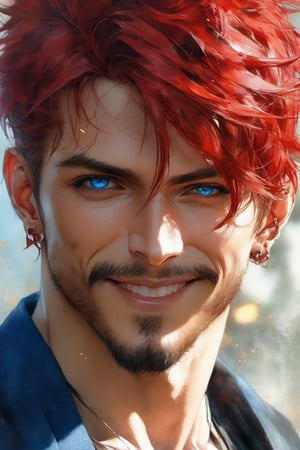 (masterpiece:1.4), best quality, watercolor, ink, oil and pencil, oil painting,  a mysterious brutal male demon, (stubble), short-goatee, spiked_hair, red hair, blue eyes,  with a sweet smile