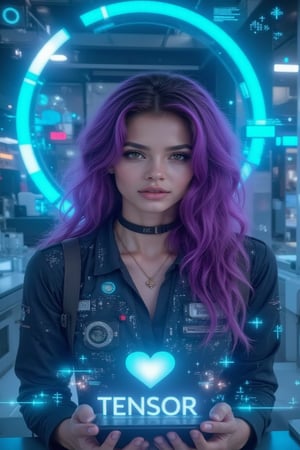 masterpiece, 8k, HDR, best quality, photography, analog style, real life, extremely beautiful, (highly detailed, intricately detailed), (highly detailed skin), (alluring eyes), photorealistic of a portrait shooting scene where (1girl), gorgeous beauty as a holographic interface designer with long curly purple hair, at the center of a futuristic holographic interface. Vibrant cyan data rings and geometric shapes in the background surround her, some even seemingly projected from her hands as if she is controlling the interface. Her sleek, circuit-patterned futuristic engineer uniform partially unbuttoned and her choker contrast with the high-tech surroundings, creating a visual mix of modern and digital. Her eyes are focused on a holographic display with the letter "TENSOR" in front of her, as if she is analyzing data or searching for information. Subtle, dynamic holographic patterns further integrating her into the digital environment. Glowing lines within the fabric of her outfit, creating a futuristic look suggesting advanced material technology. Its heart pendant has a small, glowing core that pulses with light in sync with the holographic background.