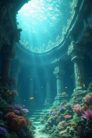 Masterpiece, 8k, HDR, best quality, photography, analogue style, real life, extremely beautiful, (highly detailed, intricately detailed), ray tracing, (dramatic lighting), underwater scene, ancient ruins of a merfolk civilization, diagonal god rays, coral structures, stone buildings, colorful fish, lost civilization ruins, sea creatures in underwater gardens, soft glow, filtered surface light, atlantis, concentric islands, otherworldly metropolis, utopian society, lush vegetation engulfing ancient ruins, leafsheep, sea slug