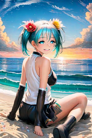 masterpiece, 8k, HDR, best quality, (highly detailed skin), photography, analog style, real life, extremely beautiful, (highly detailed, intricately detailed), (alluring eyes), (1girl), glass hair, colorful eyelashes, multi colored hair, short hair, hair flower, looking back, smile, back tattoo,  sits on the beach and stares towards the sunset, 1girl, solo, hatsune miku,  skirt, boots, twintails, detached sleeves, closed eyes, thighhighs, black footwear, outdoors, shirt, beach, sitting, black skirt, pleated skirt, sleeveless, sleeveless shirt, thigh boots, ocean, sky