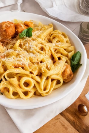 (masterpiece:1.4), best quality, watercolor, ink, oil and pencil, a creamy fettuccine pasta with fresh parmesan and meatballs, food photography,closeup