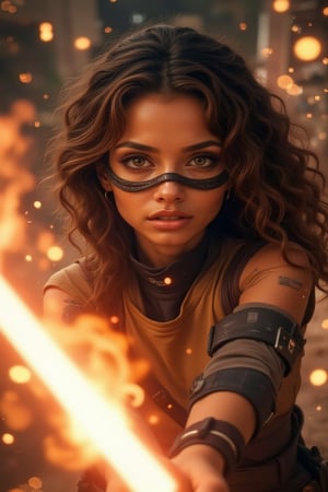 masterpiece, 8k, HDR, best quality, photography, analog style, real life, extremely beautiful, (highly detailed, intricately detailed), (highly detailed skin), (alluring eyes), close-up of a (1girl), long curly brown hair, green eyes, mask, glossy lips, humanoid warrior in intense battle, dynamic angle captures the chaos, warrior's hands grip lightsaber tightly, large shoulder bindings accentuate strength as flames and smoke erupt from the blade, practical lighting creates realism, blurring the background to focus on the action, sci-fi elements include lightsaber flashes, flames, motion blur, halos, explosive dust, sparks, and explosions, framing: warrior's body, restraint strap details, intense expression captures the heat of battle as sweat glistens and muscles bulge